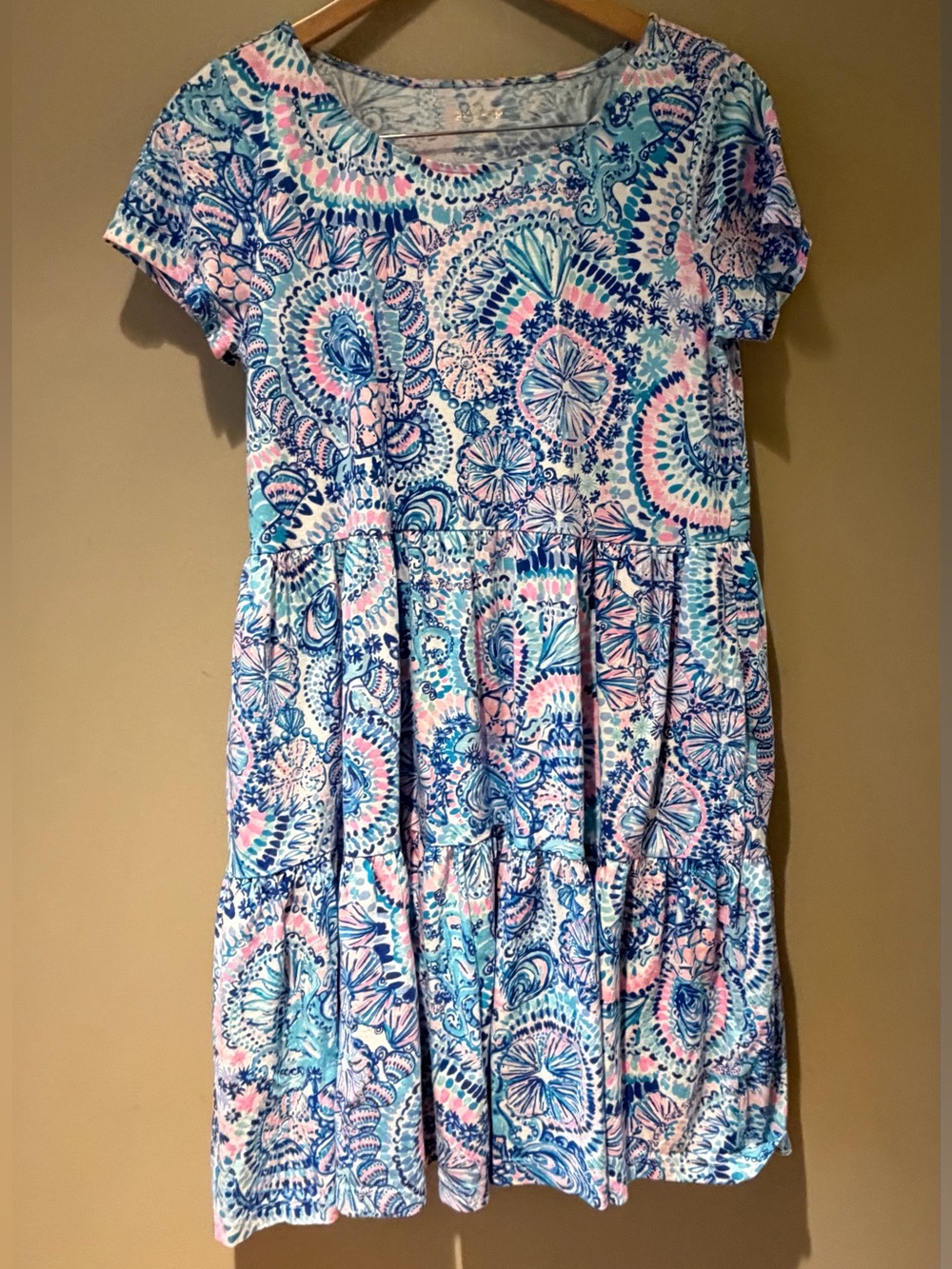 Lilly Pulitzer Blue & Pink Printed Geanna Dress Blue Grotto Commotion Large NWOT